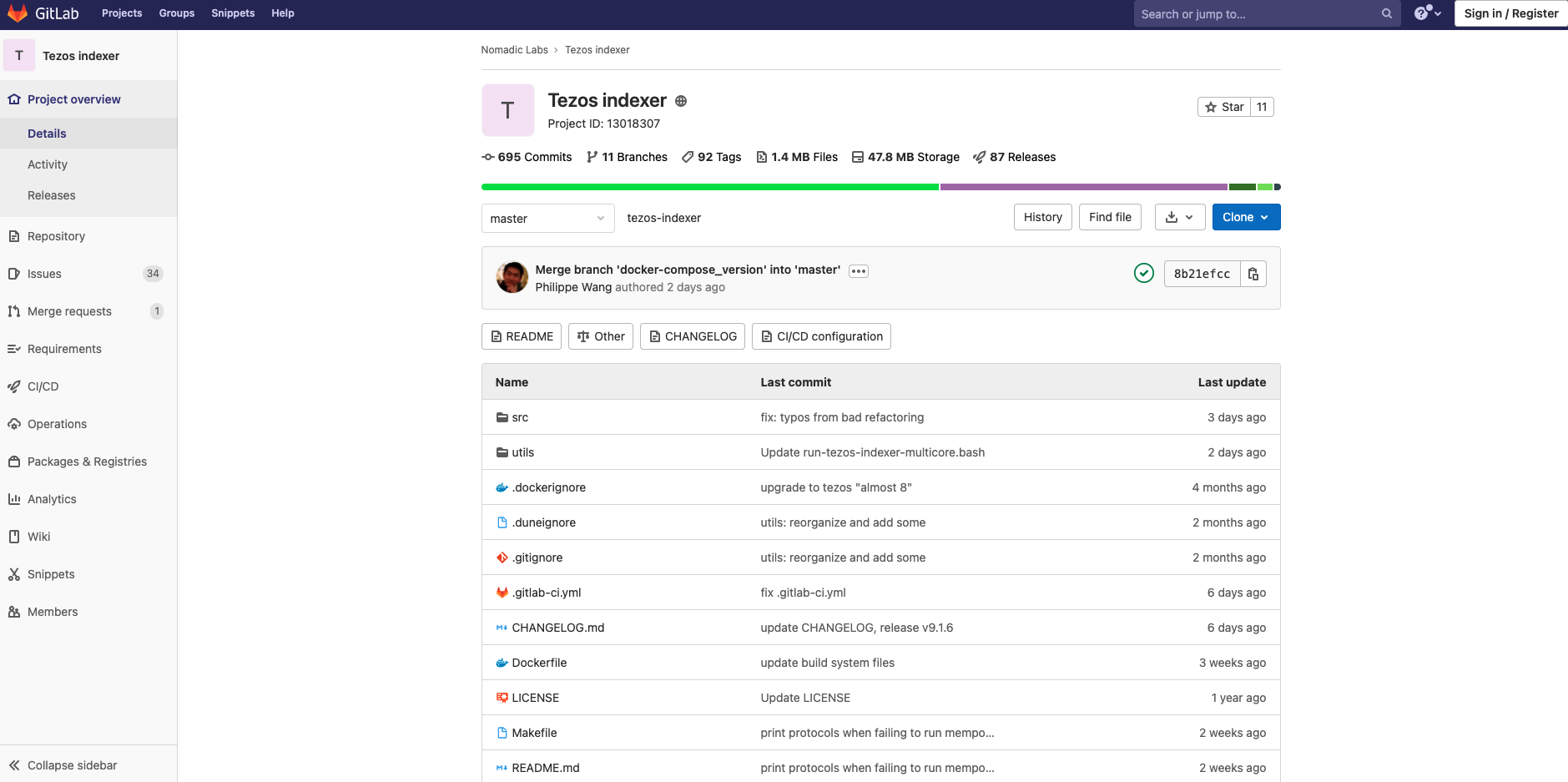 Gitlab page of the Tezos explorer by Nomadic Labs
