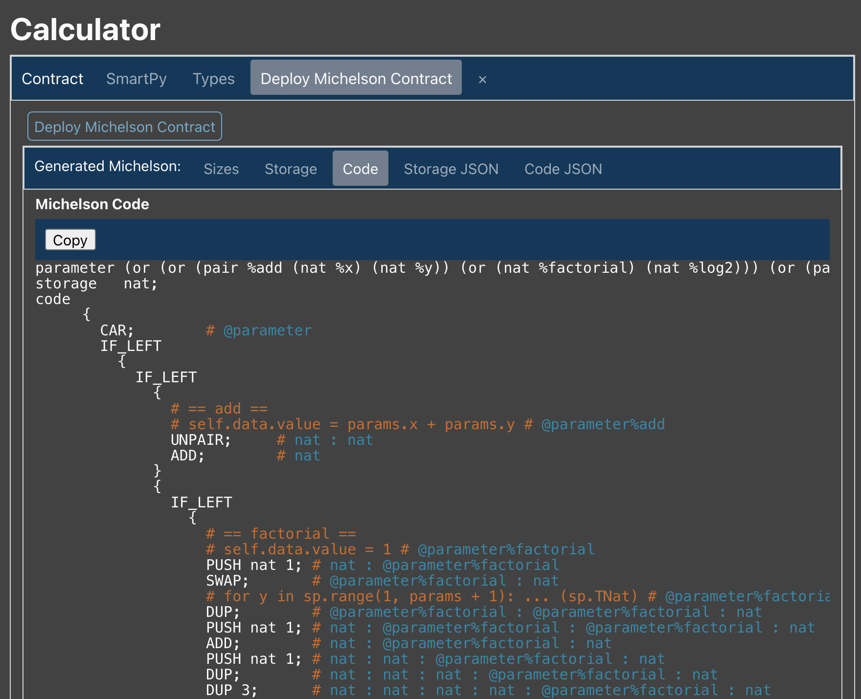 SmartPy online IDE, view of the compiled code