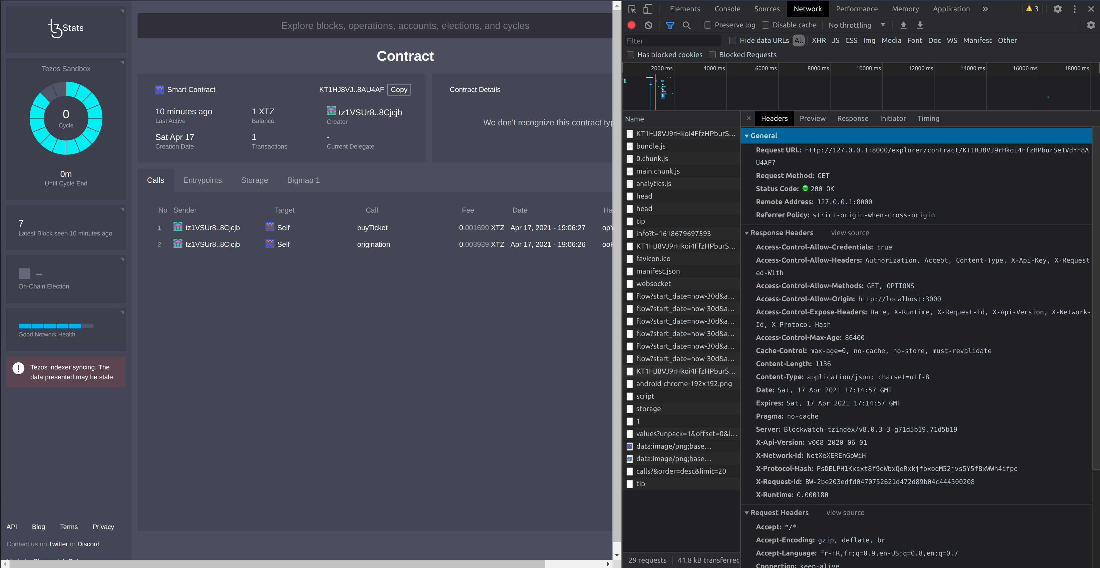 TzStats webpage and the developer console of the web browser showing network activity