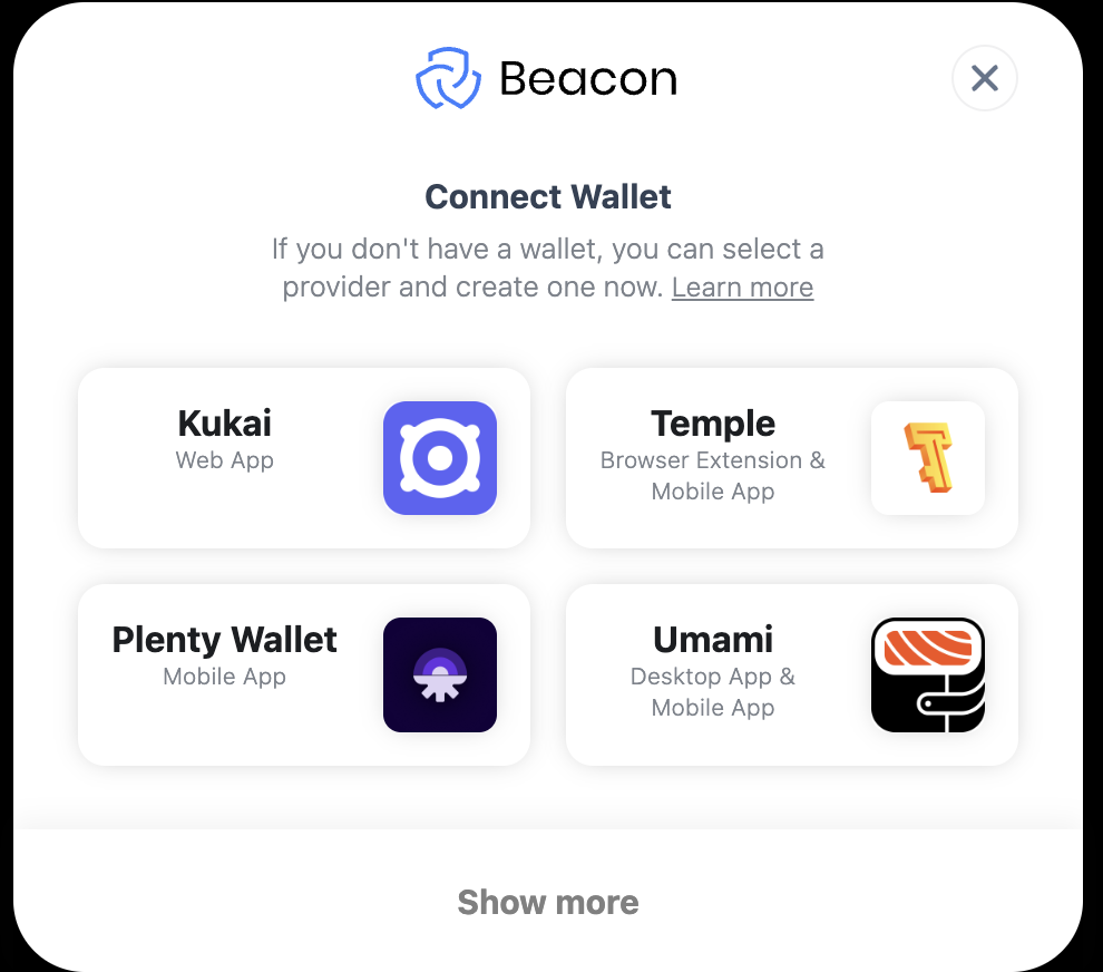 Beacon popup window with wallet types including Temple and Umami