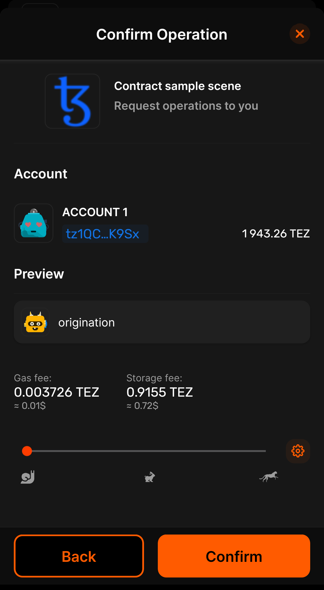 Approving the contract deployment transaction in the wallet app
