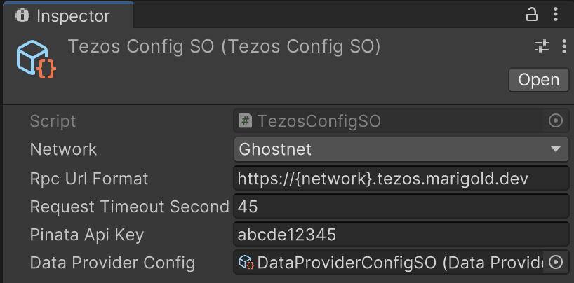 Adding the Pinata API key and the data provider to the TezosConfigSO object
