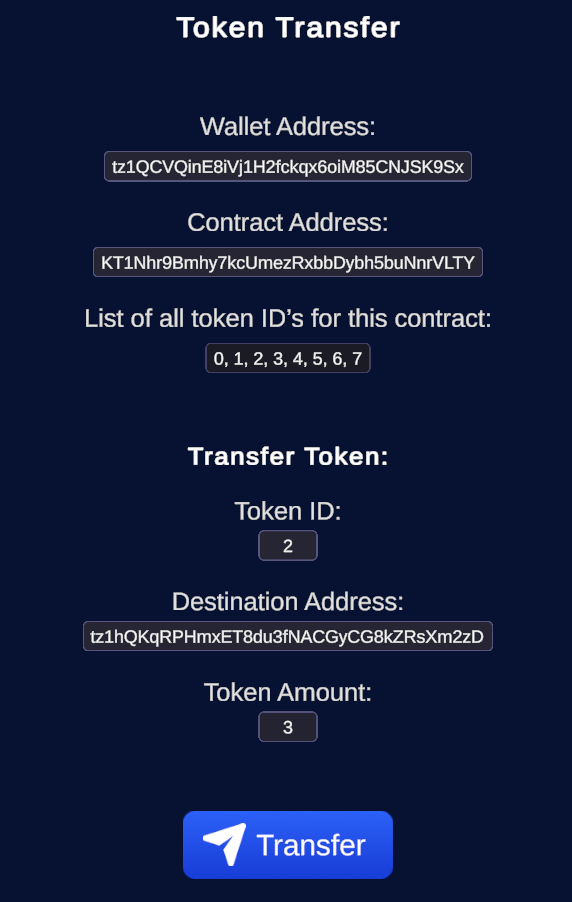 The Transfer scene, showing information about the token to transfer