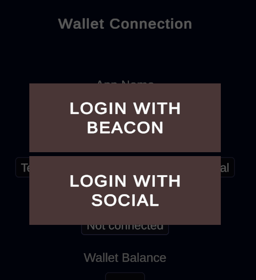 The start of the WalletConnection scene, with no account information, showing deep link and social connection buttons