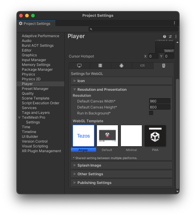 The project settings, with the Airgap WebGL template selected